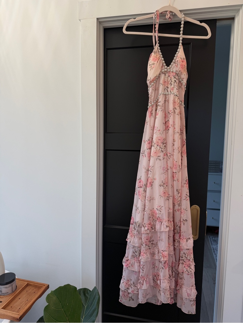 Floral Pink Ruffle Maxi Dress with Beaded Straps